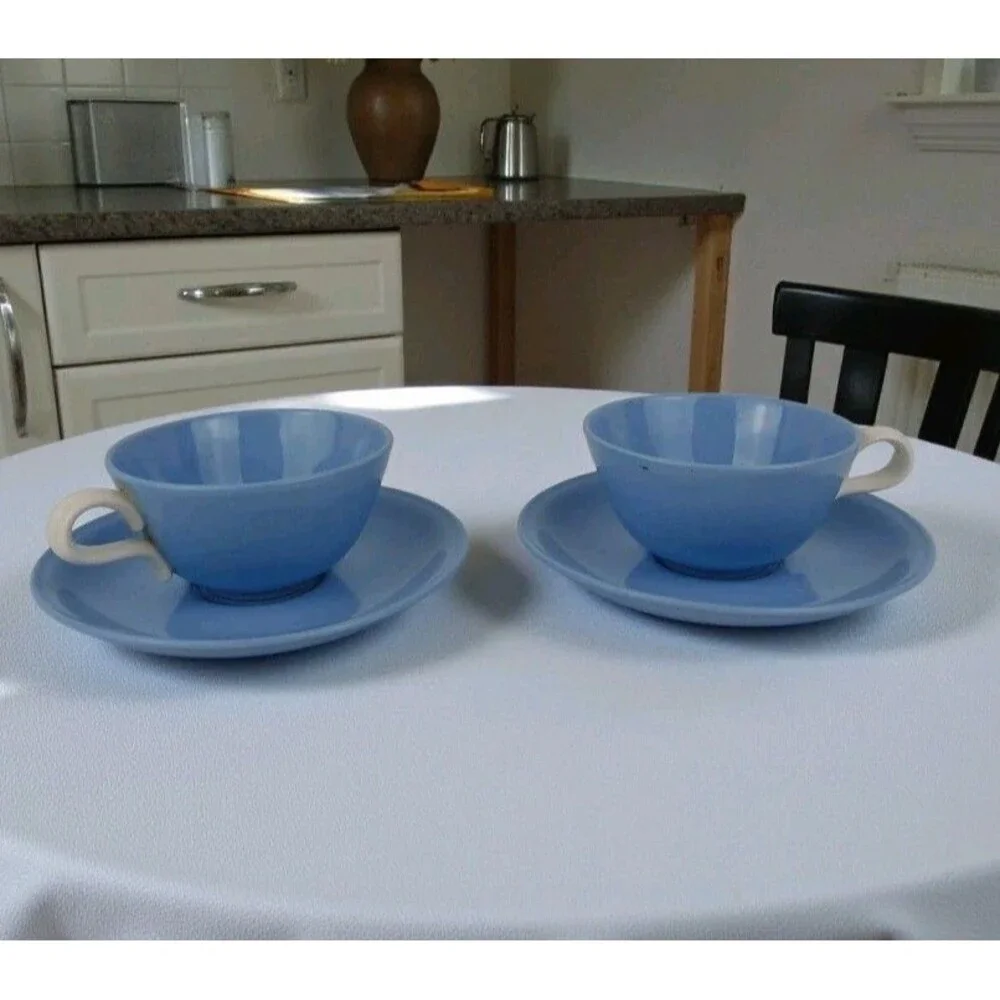 Homer Laughlin Skytone Set Of 2 Cups & Saucers Sky Blue White